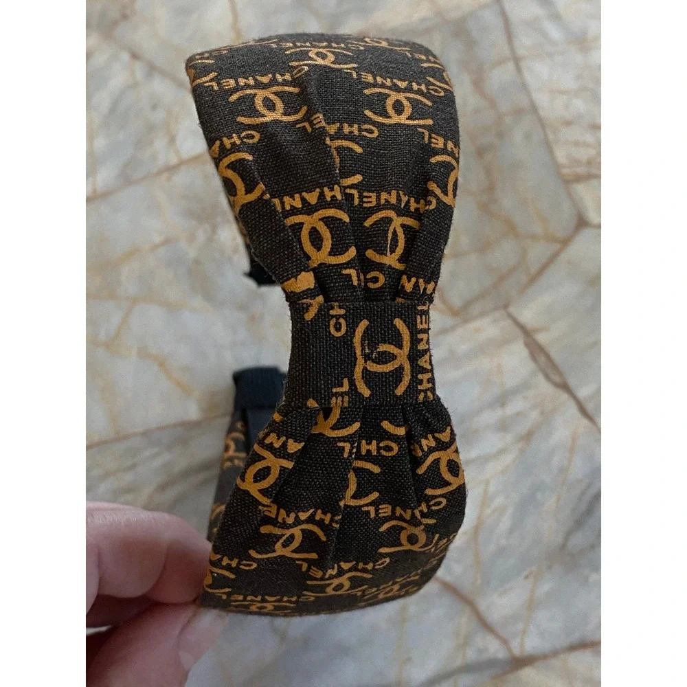 Brown Canvas Logo Print Knotted Headband Gold Tone Motif Accessory